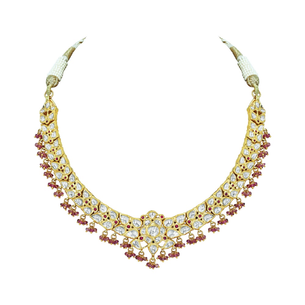 Floral Polki Necklace with Tourmaline Beads and Ruby Accents